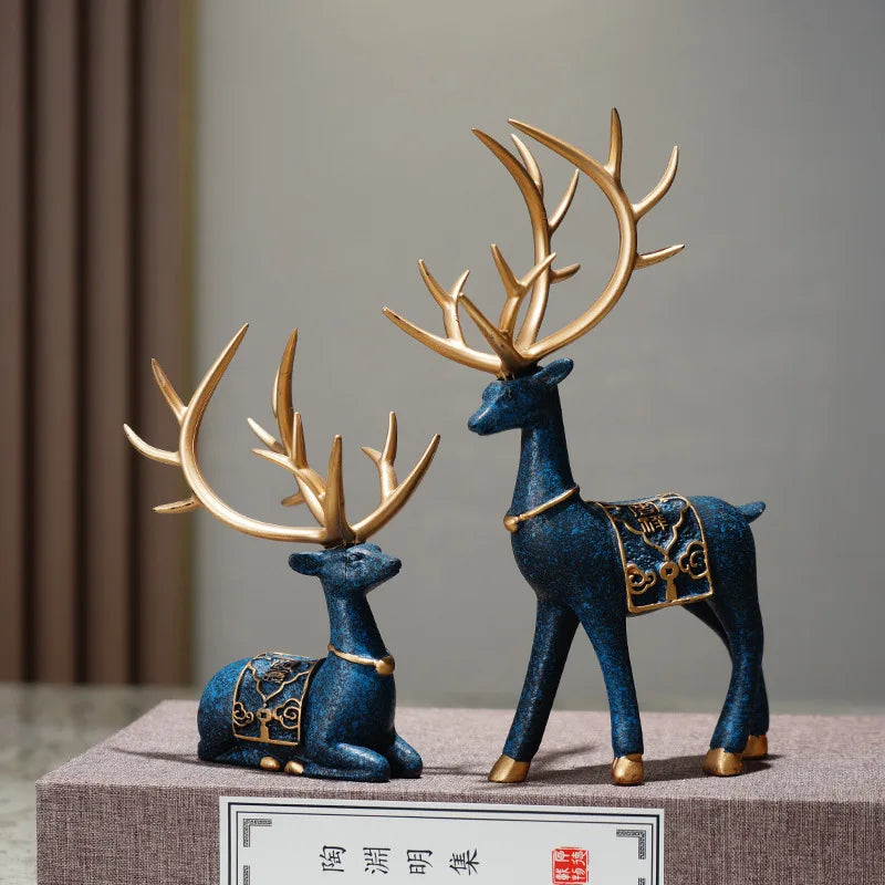 Noble Blue and Gold Reindeer Figurines