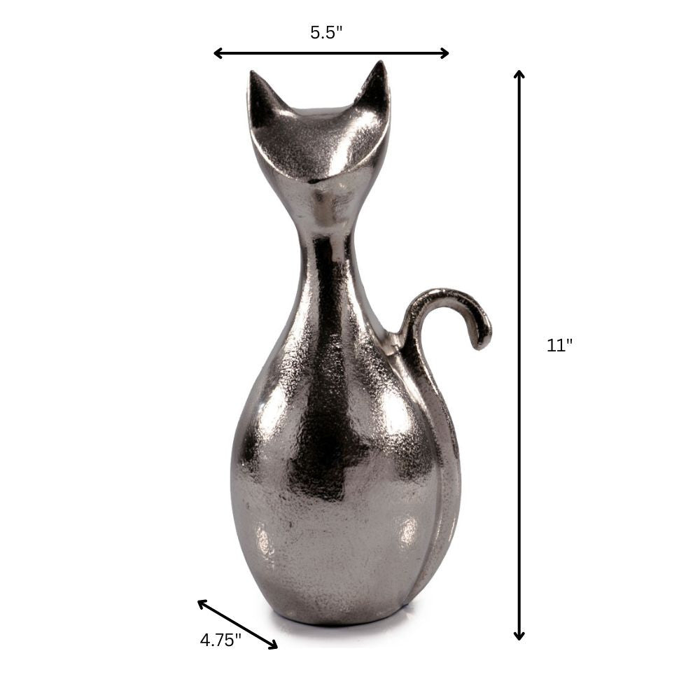 Modern Grace: 11-inch Silver Aluminum Cat Sculpture