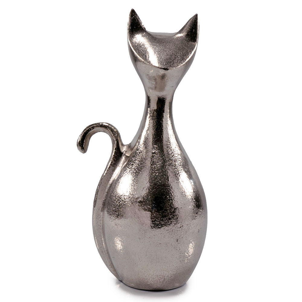 Modern Grace: 11-inch Silver Aluminum Cat Sculpture