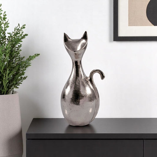Modern Grace: 11-inch Silver Aluminum Cat Sculpture