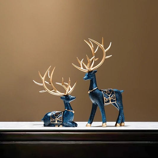 Noble Blue and Gold Reindeer Figurines