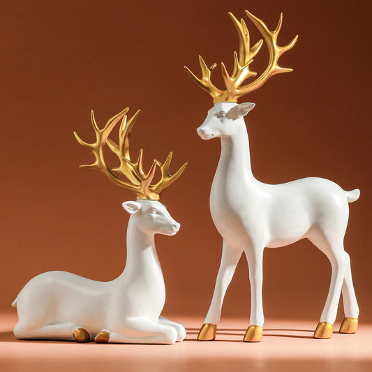 Majestic White and Gold Reindeer Figurines