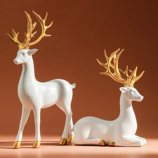 Majestic White and Gold Reindeer Figurines